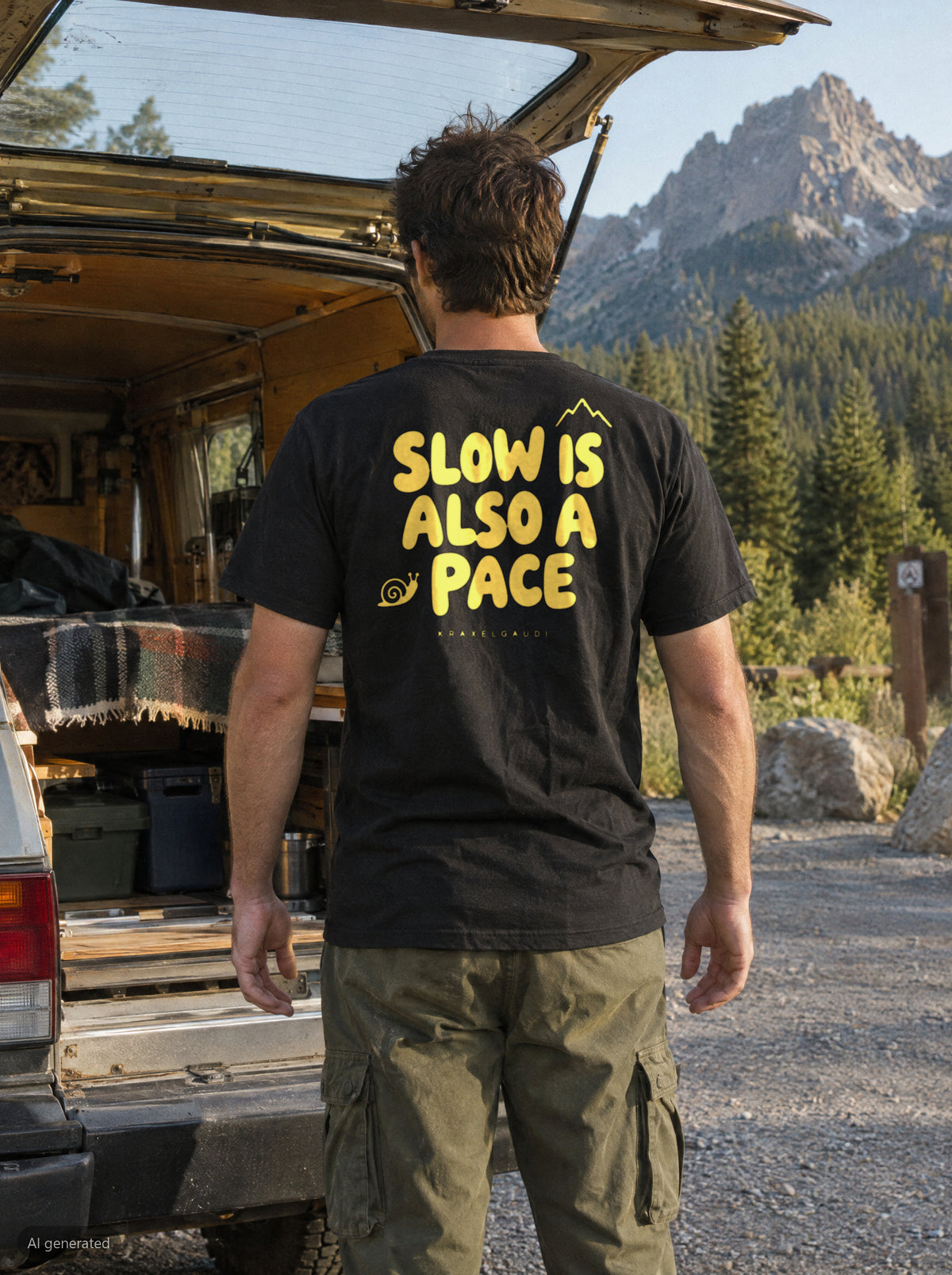 Slow Is Also a Pace T-Shirt mit Rückendruck, unterwegs in den Bergen