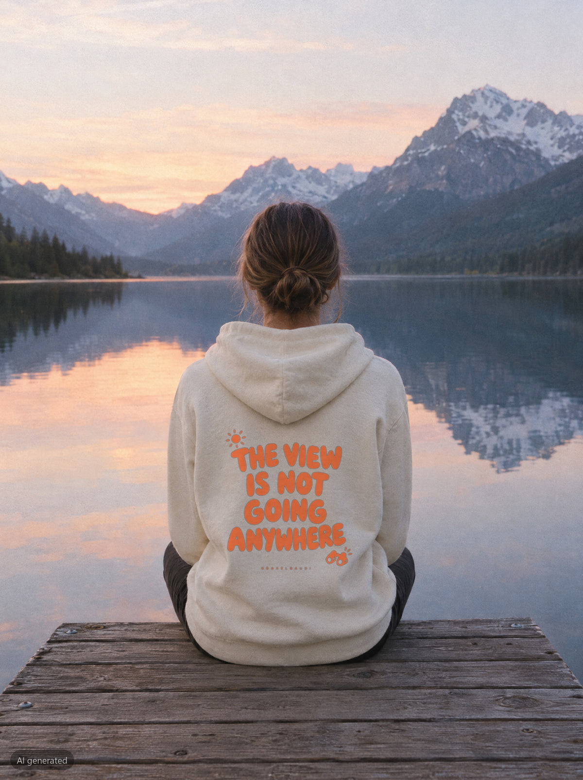 The View Is Not Going Anywhere Hoodie mit Rückendruck, unterwegs in den Bergen