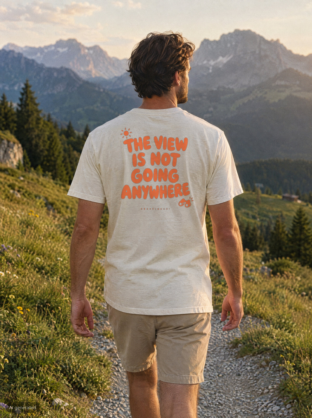 The View Is Not Going Anywhere T-Shirt mit Rückendruck, unterwegs in den Bergen