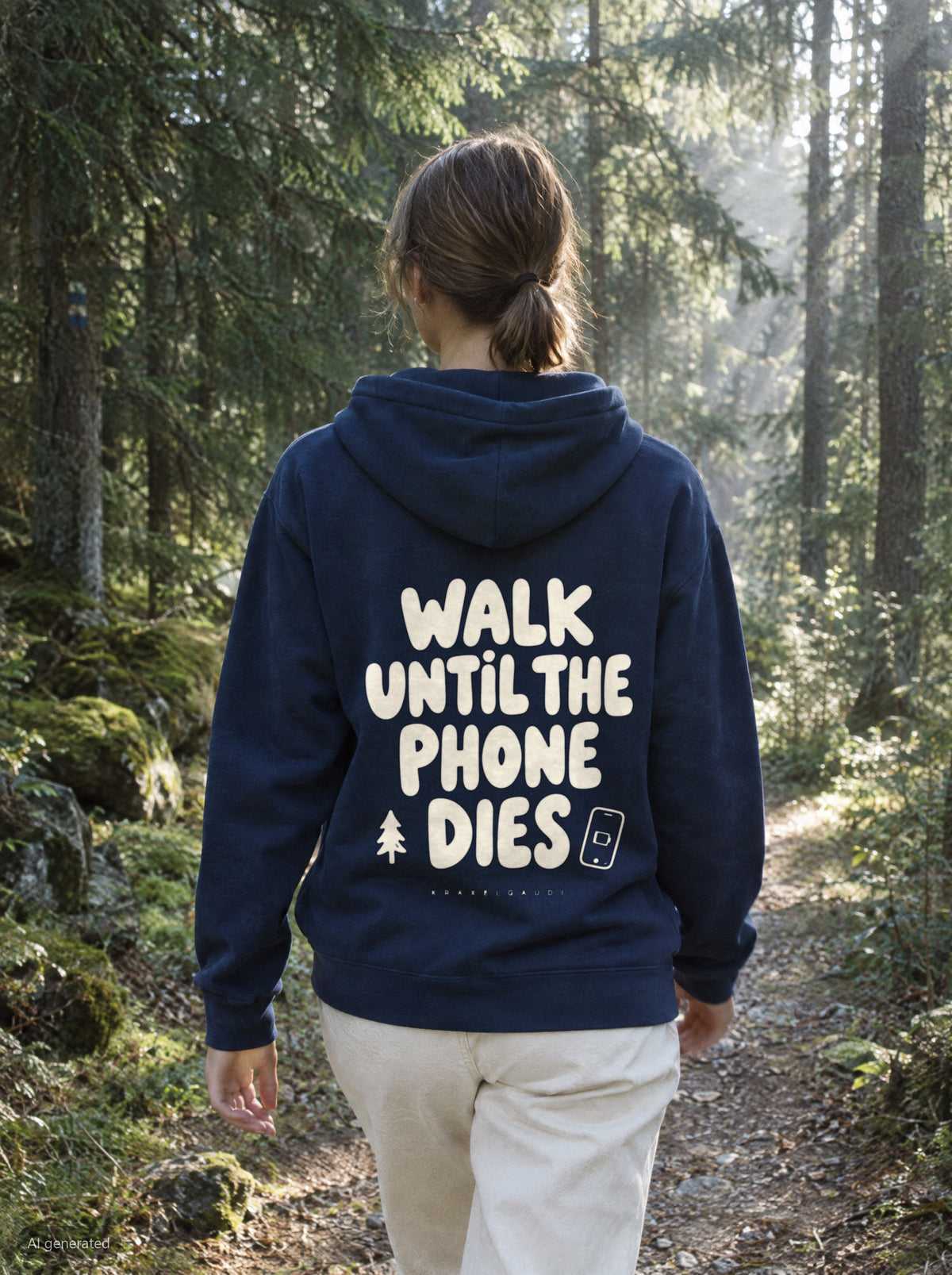 Walk Until the Phone Dies Hoodie mit Rückendruck, unterwegs in den Bergen