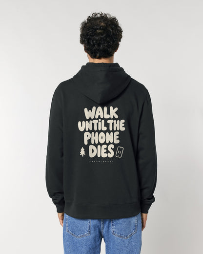 Walk Until the Phone Dies Hoodie mit Rückendruck, von hinten getragen