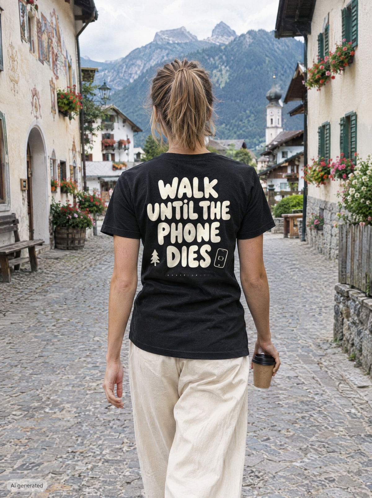 Walk Until the Phone Dies T-Shirt mit Rückendruck, unterwegs in den Bergen