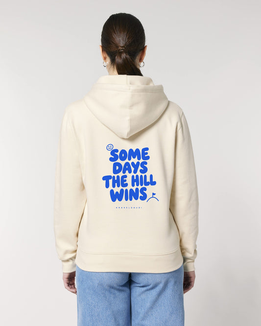 Some Days the Hill Wins Hoodie mit Rückendruck, von hinten getragen