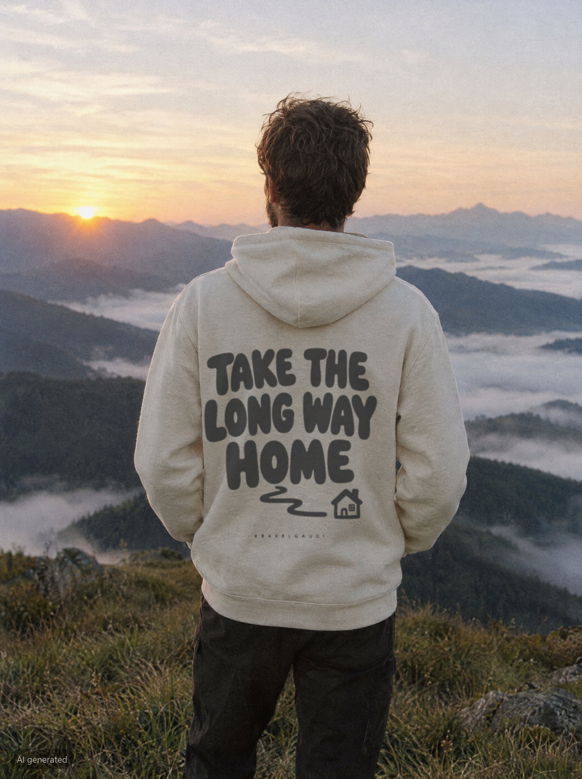 Take the Long Way Home Hoodie mit Rückendruck, unterwegs in den Bergen