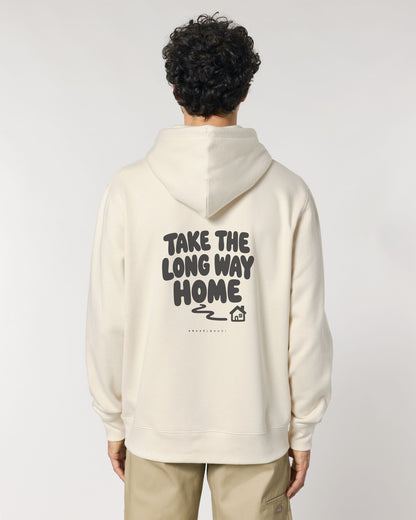 Take the Long Way Home Hoodie mit Rückendruck, von hinten getragen