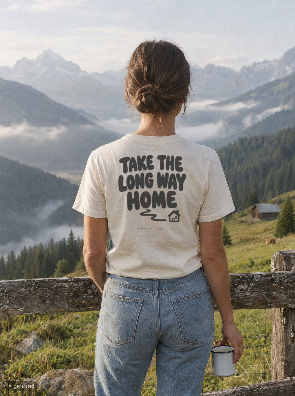 Take the Long Way Home T-Shirt mit Rückendruck, unterwegs in den Bergen