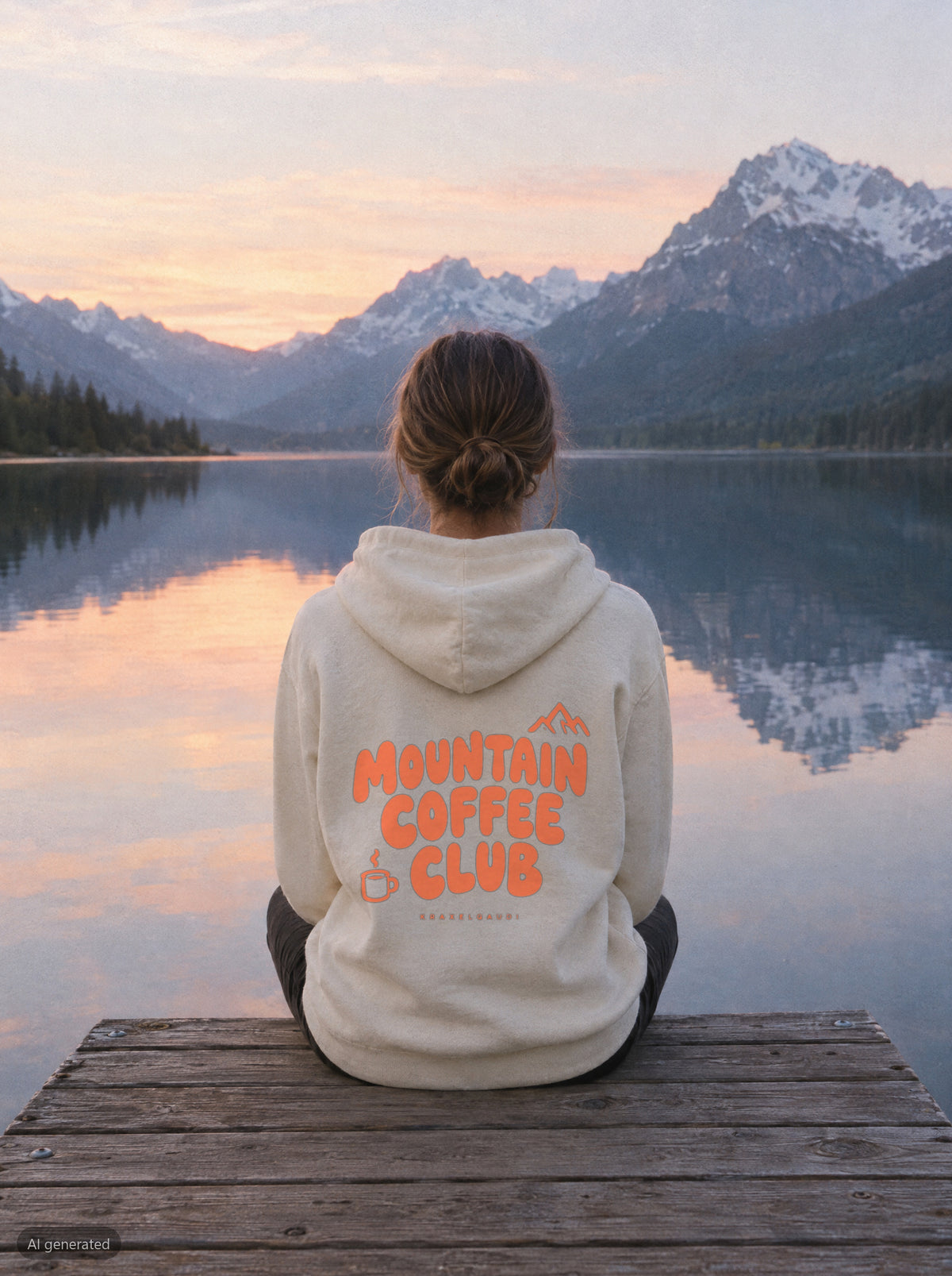 Mountain Coffee Club Hoodie mit Rückendruck, unterwegs in den Bergen