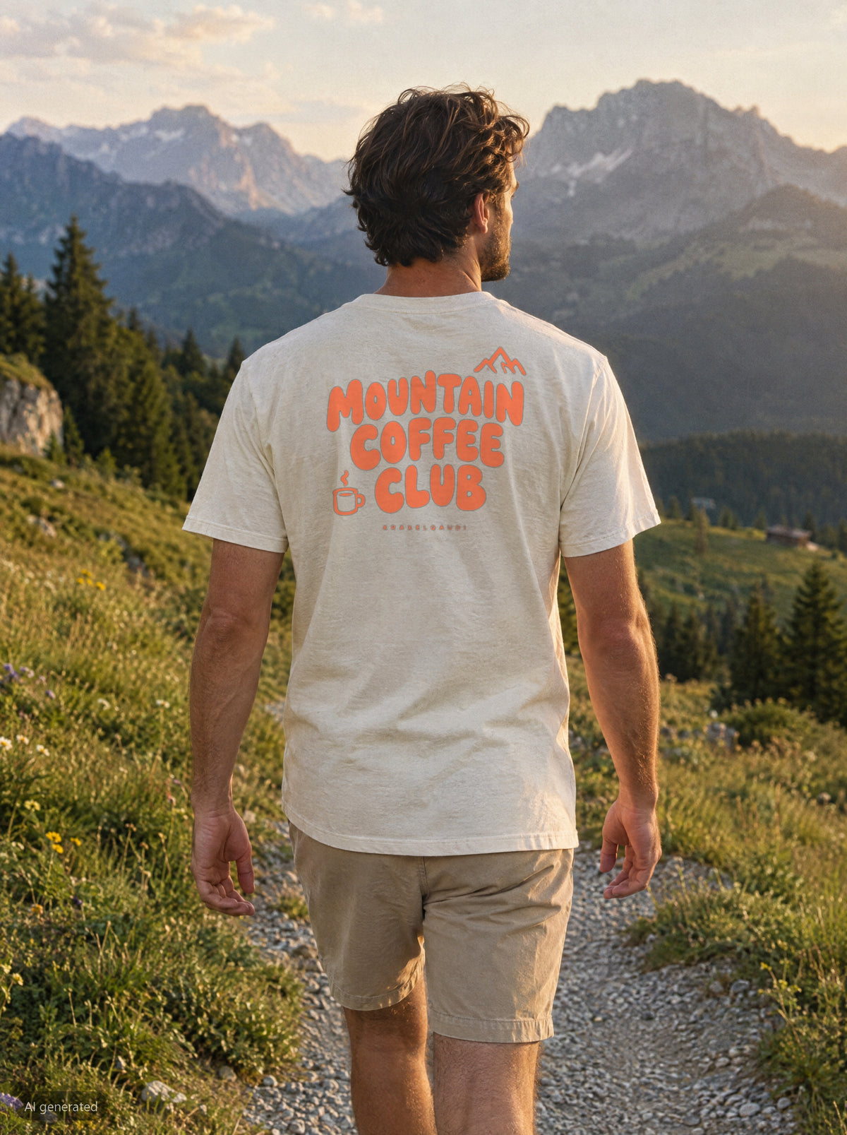 Mountain Coffee Club T-Shirt mit Rückendruck, unterwegs in den Bergen