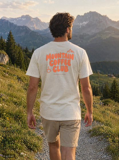 Mountain Coffee Club T-Shirt mit Rückendruck, unterwegs in den Bergen