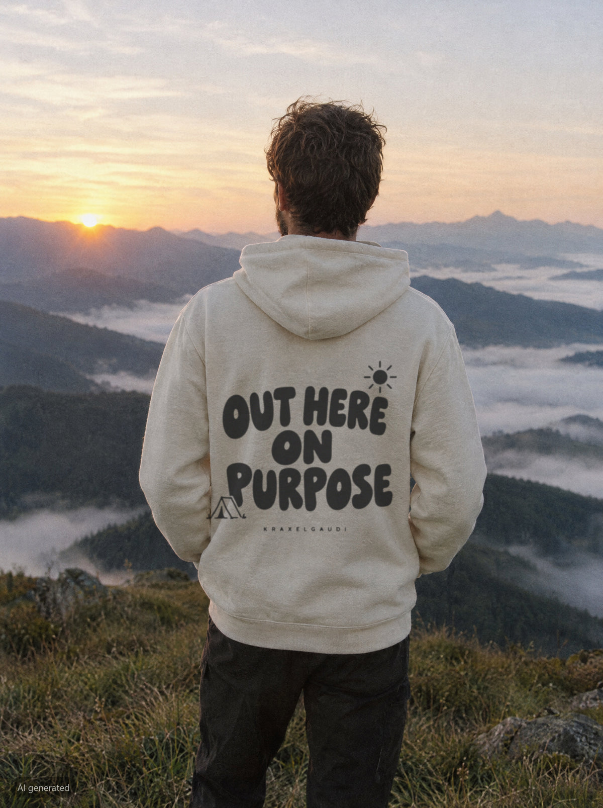 Out Here on Purpose Hoodie mit Rückendruck, unterwegs in den Bergen