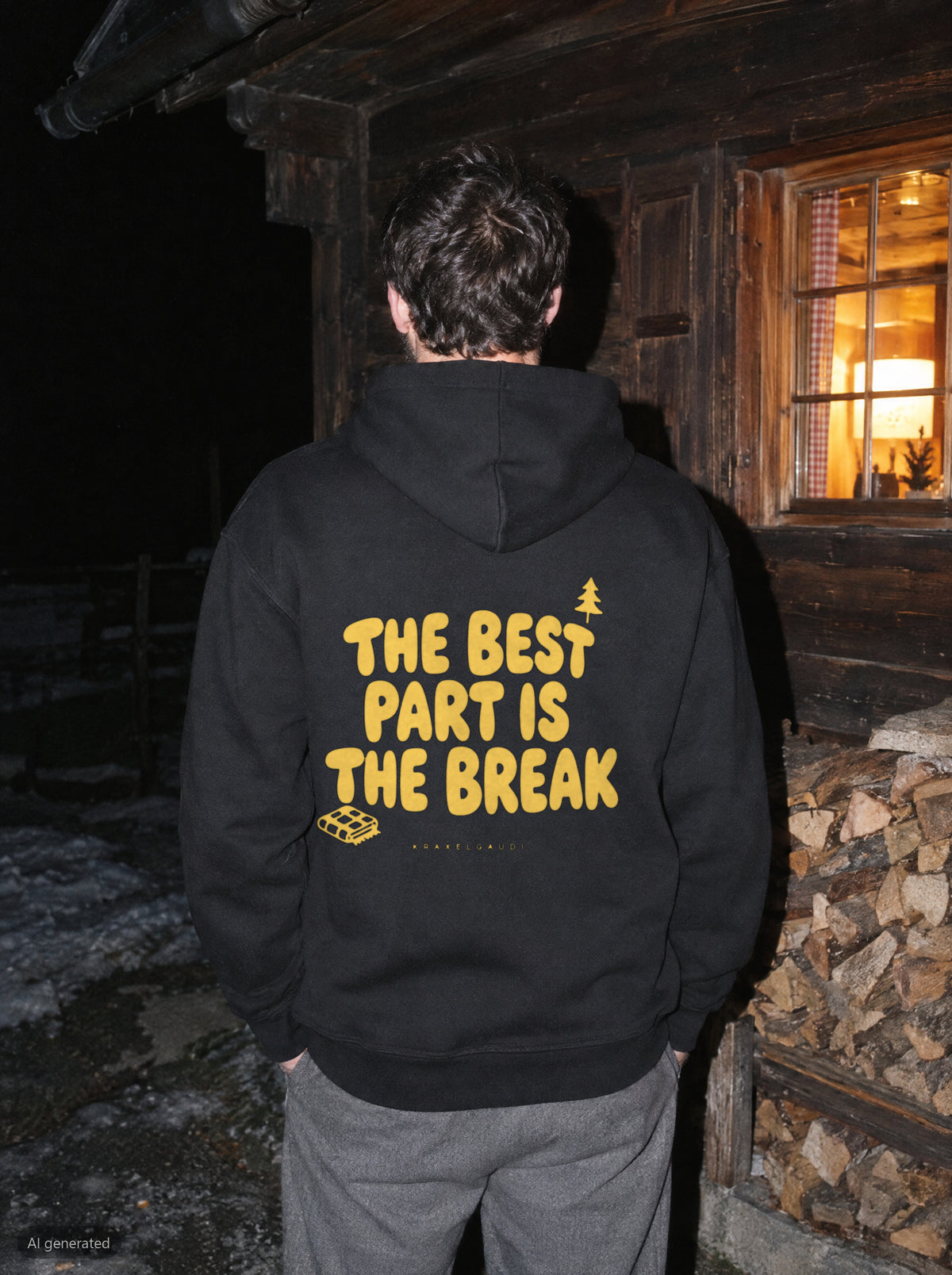 The Best Part Is the Break Hoodie mit Rückendruck, unterwegs in den Bergen