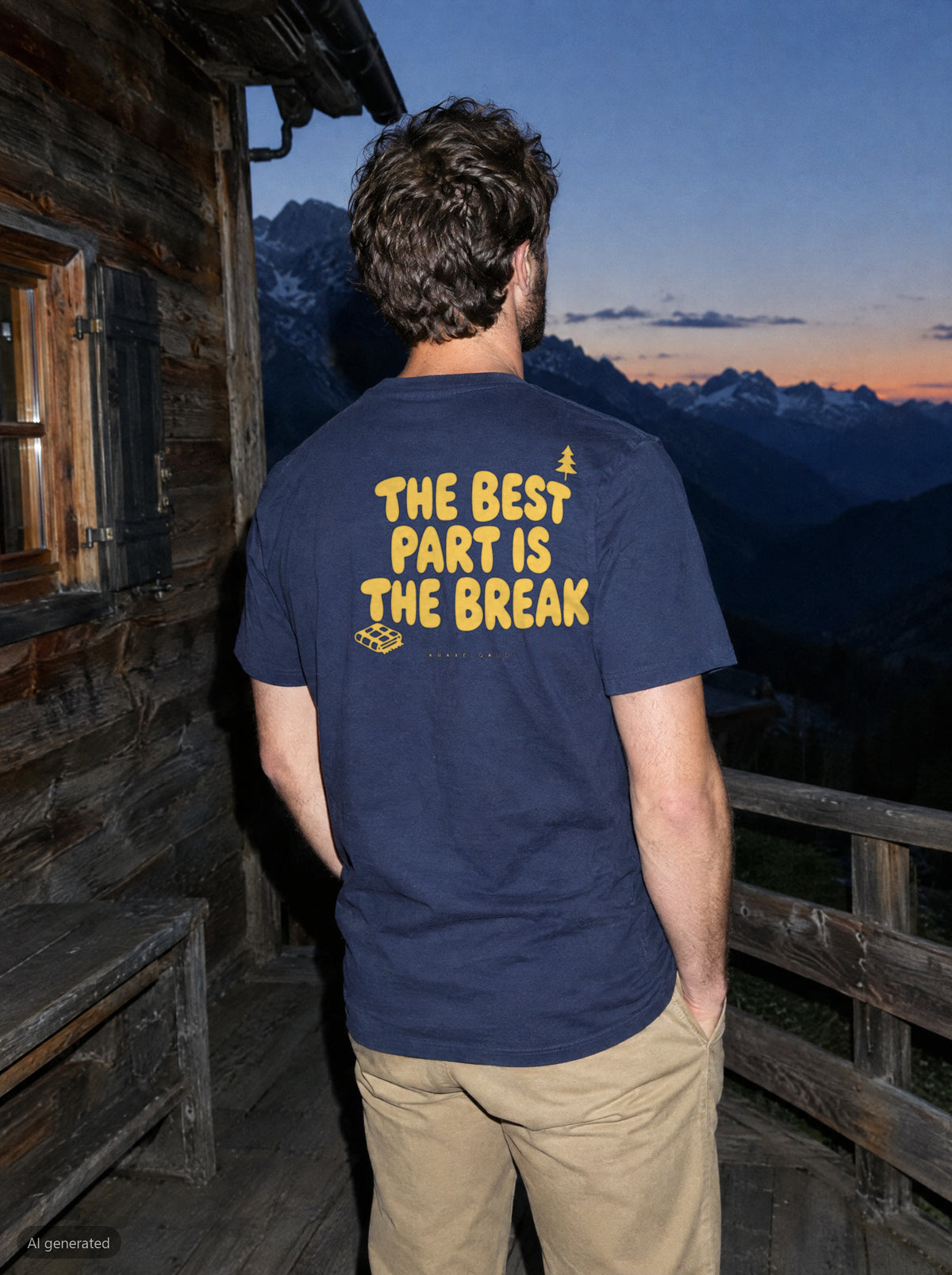 The Best Part Is the Break T-Shirt mit Rückendruck, unterwegs in den Bergen