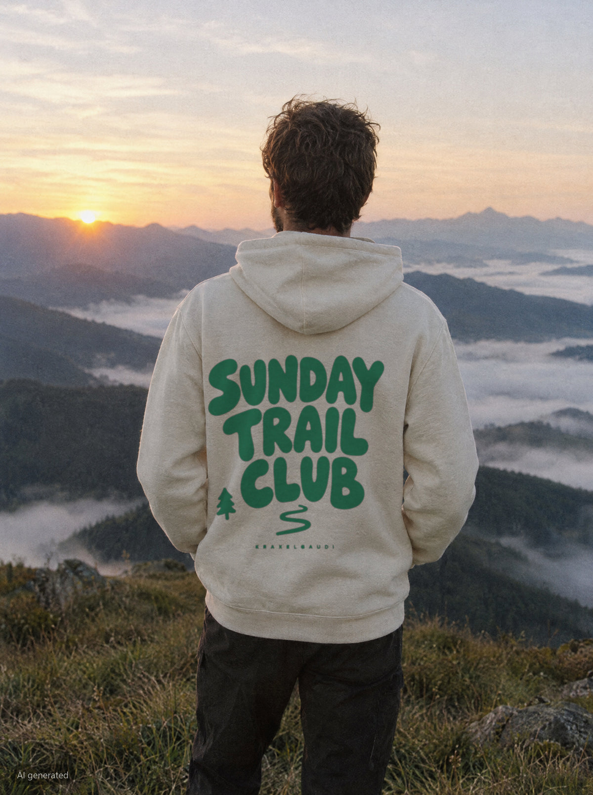 Sunday Trail Club Hoodie mit Rückendruck, unterwegs in den Bergen