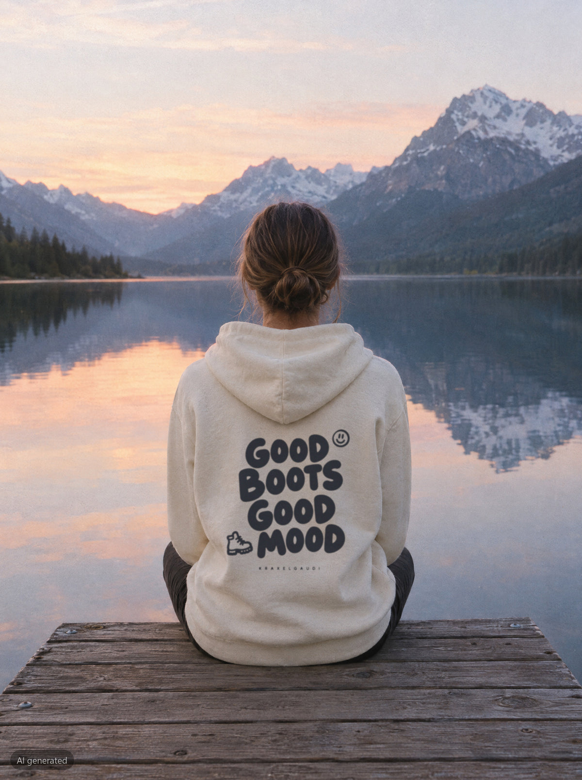 Good Boots Good Mood Hoodie mit Rückendruck, unterwegs in den Bergen