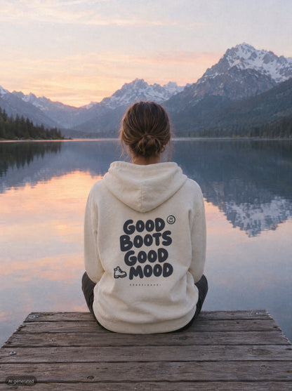 Good Boots Good Mood Hoodie mit Rückendruck, unterwegs in den Bergen
