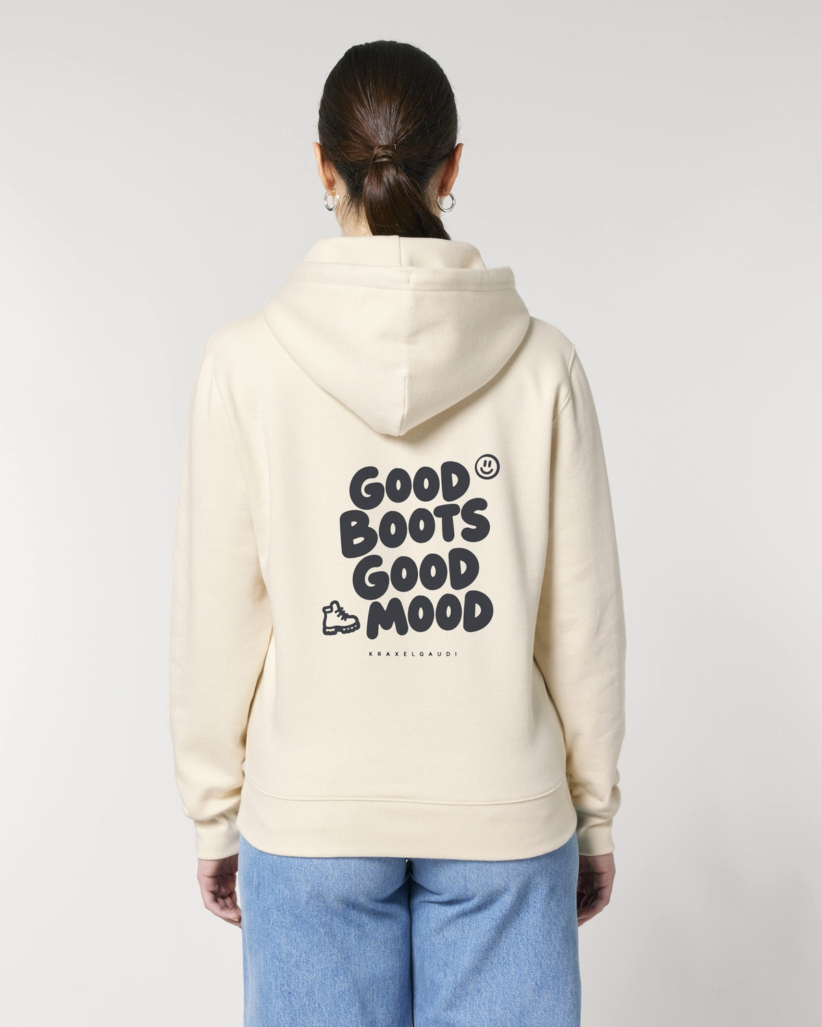 Good Boots Good Mood Hoodie mit Rückendruck, von hinten getragen