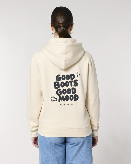 Good Boots Good Mood Hoodie mit Rückendruck, von hinten getragen