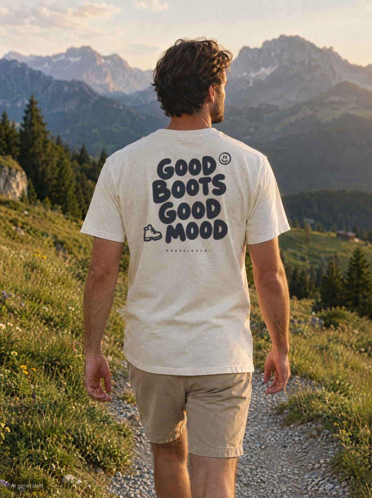 Good Boots Good Mood T-Shirt mit Rückendruck, unterwegs in den Bergen