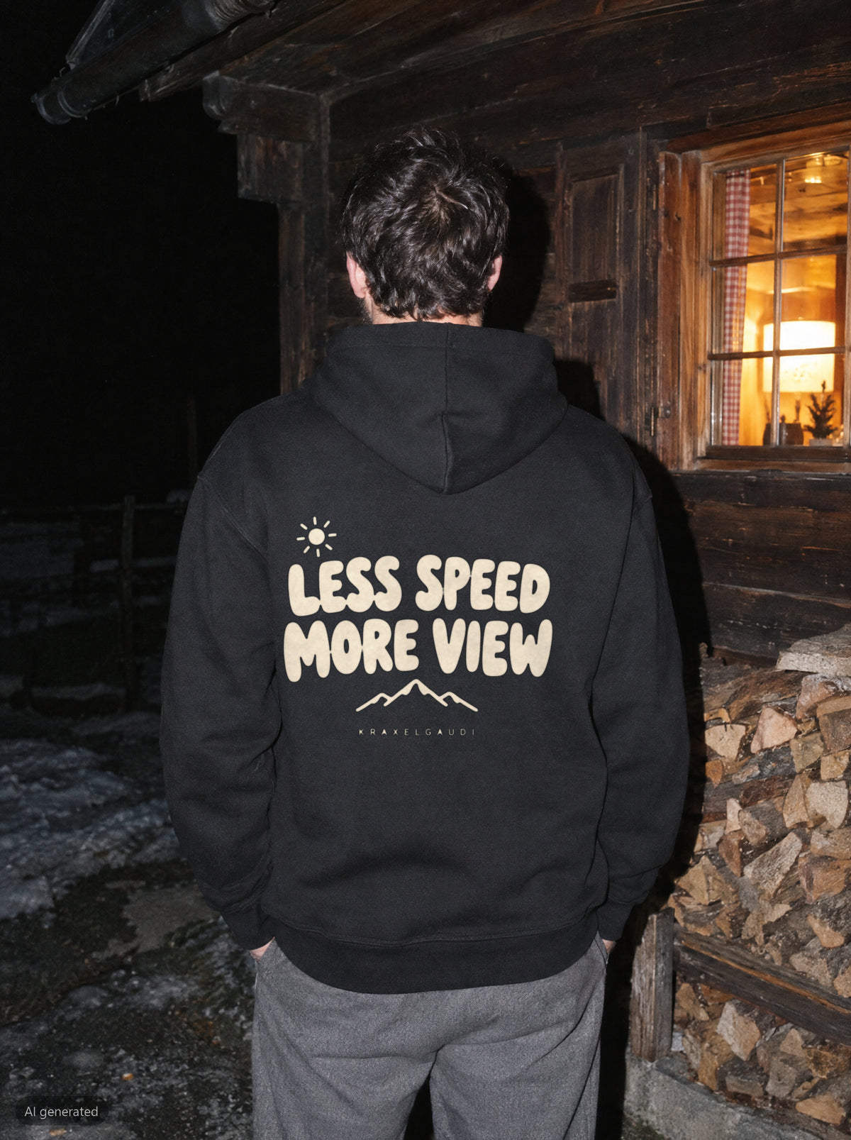 Less Speed More View Hoodie mit Rückendruck, unterwegs in den Bergen