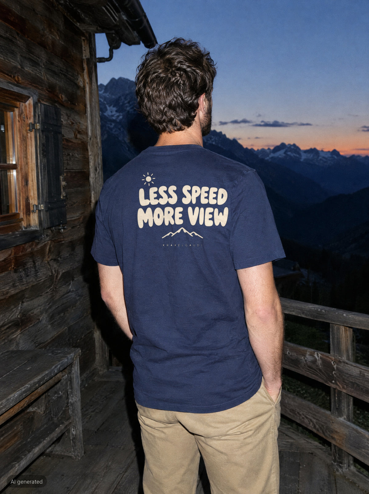Less Speed More View T-Shirt mit Rückendruck, unterwegs in den Bergen