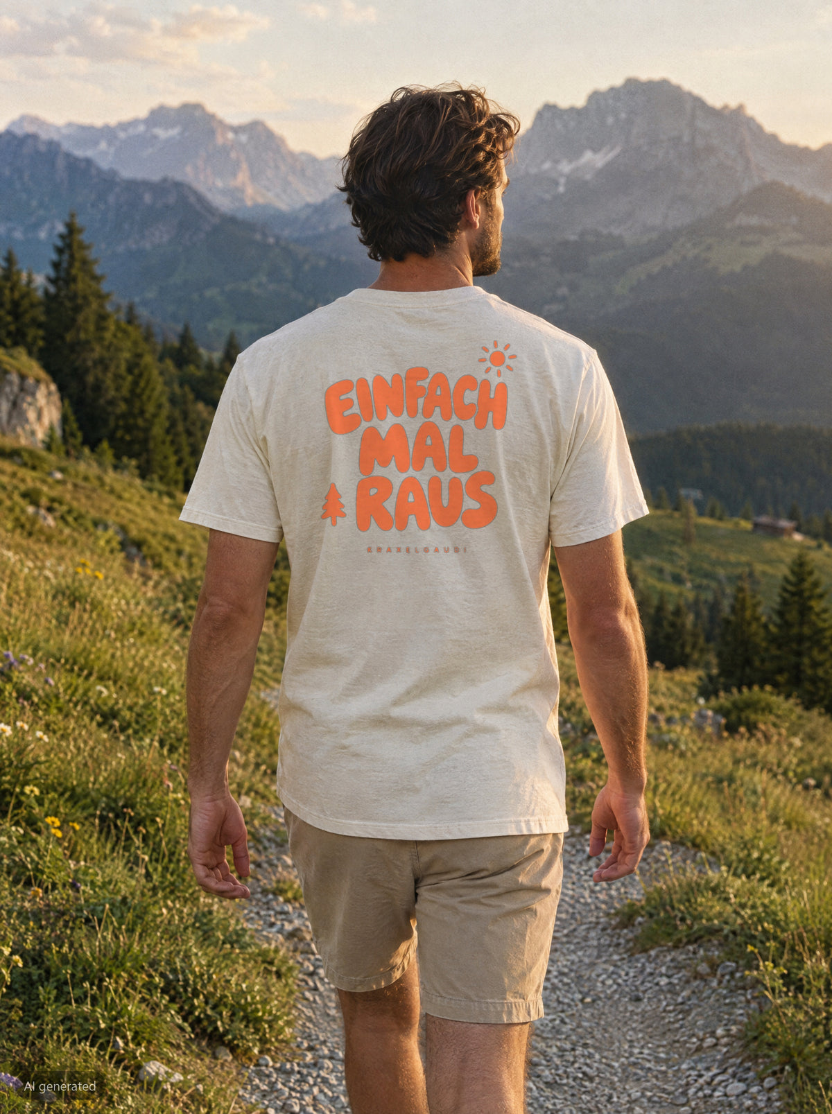 Einfach mal raus T-Shirt mit Rückendruck, unterwegs in den Bergen