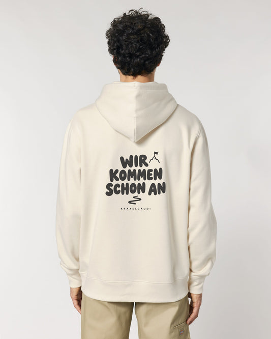 Wir kommen schon an Hoodie mit Rückendruck, von hinten getragen