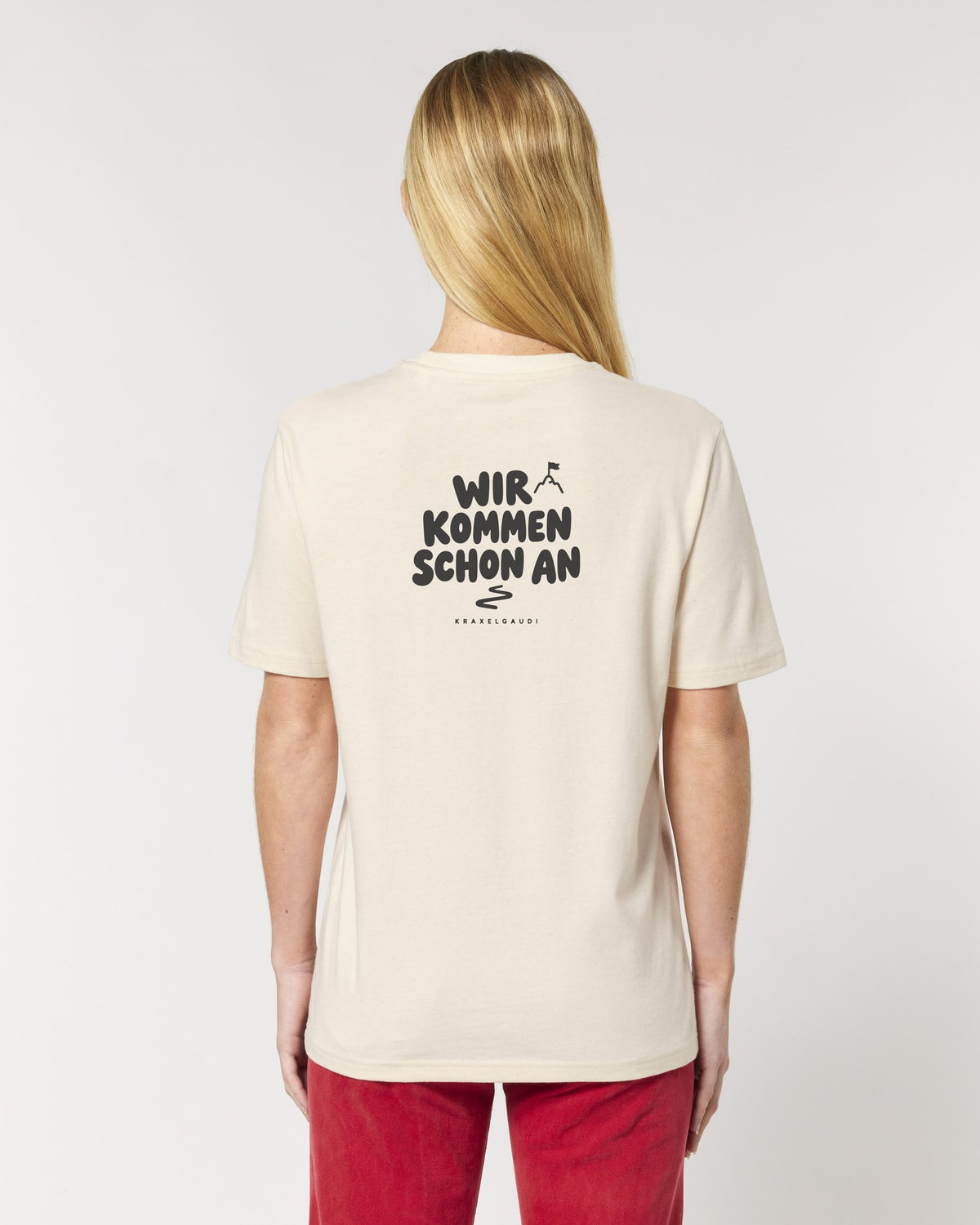 Wir kommen schon an T-Shirt mit Rückendruck, von hinten getragen