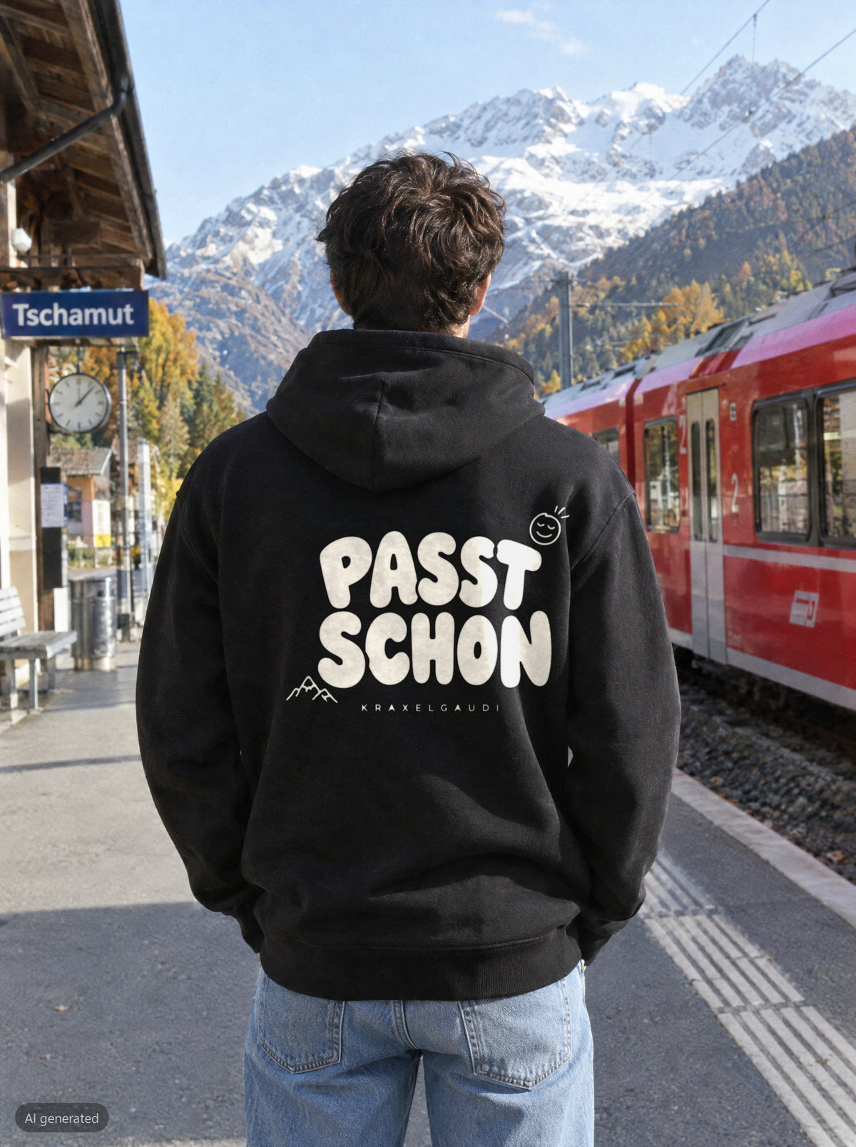 Passt schon Hoodie mit Rückendruck, unterwegs in den Bergen