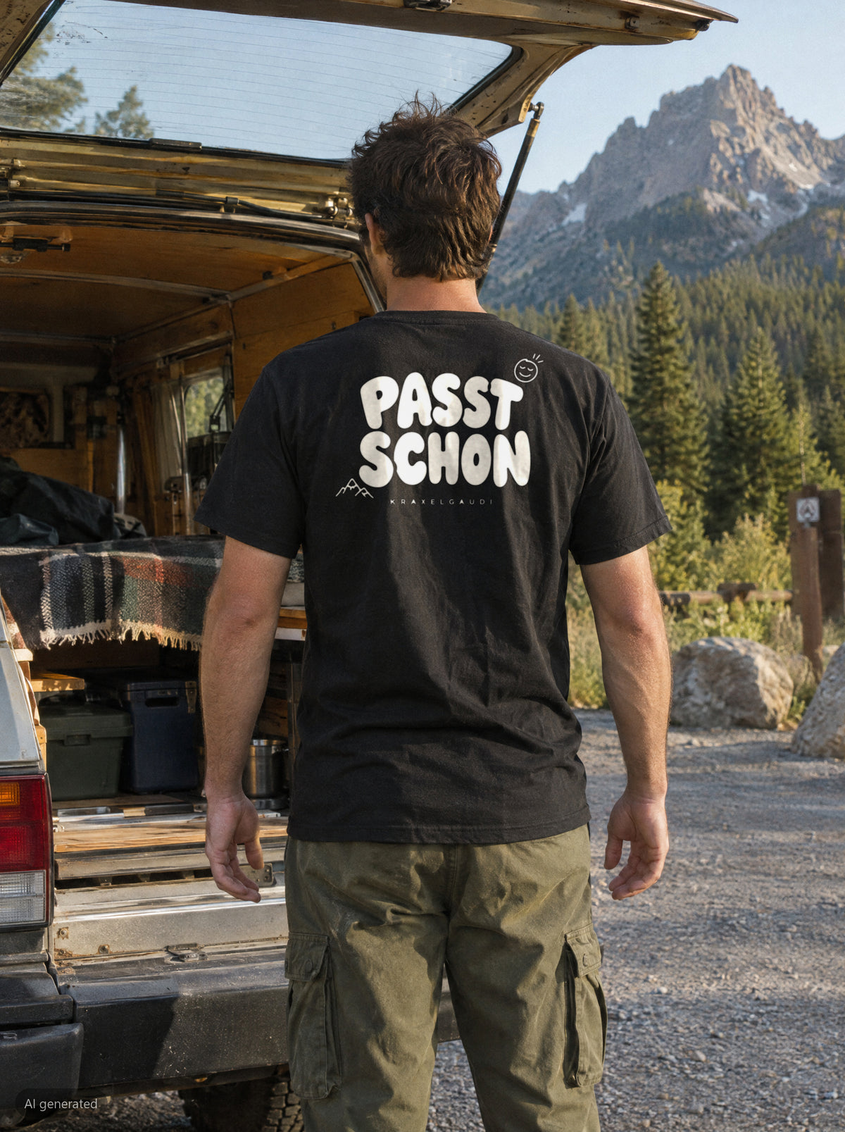 Passt schon T-Shirt mit Rückendruck, unterwegs in den Bergen