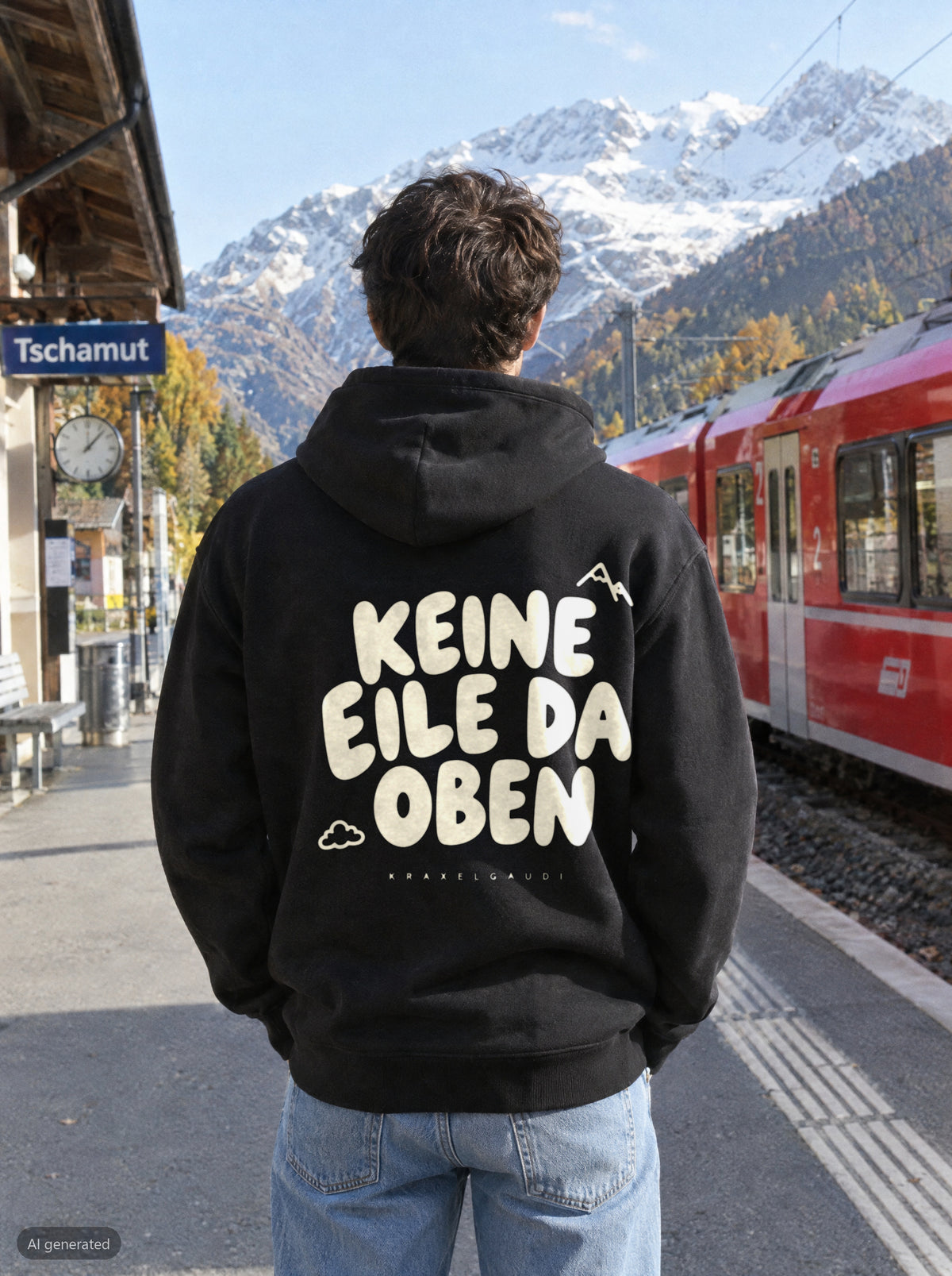 Keine Eile da oben Hoodie mit Rückendruck, unterwegs in den Bergen