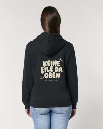 Keine Eile da oben Hoodie mit Rückendruck, von hinten getragen