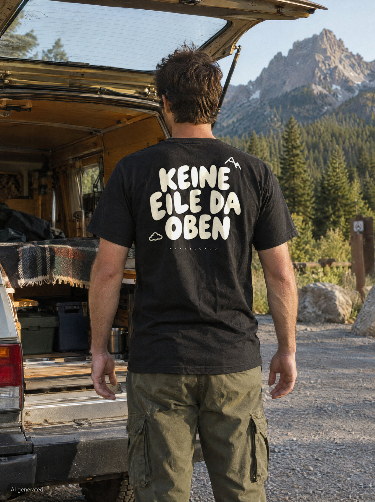 Keine Eile da oben T-Shirt mit Rückendruck, unterwegs in den Bergen