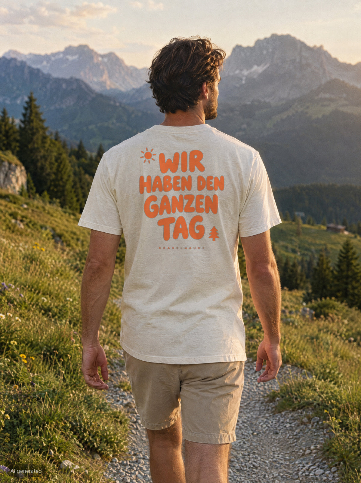 Wir haben den ganzen Tag T-Shirt mit Rückendruck, unterwegs in den Bergen