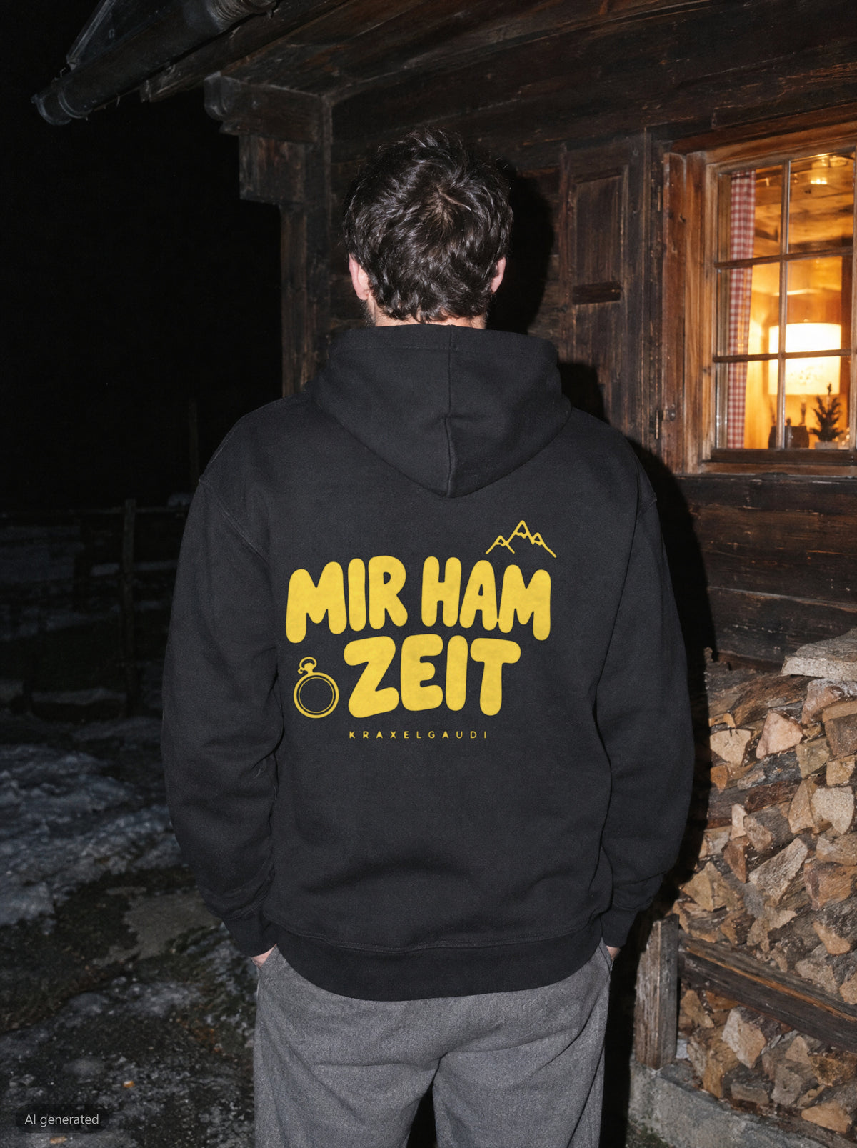 Mir ham Zeit Hoodie mit Rückendruck, unterwegs in den Bergen