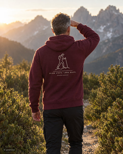 Slow Steps Long Days Hoodie, getragen unterwegs, Rückendruck, KI-generiert