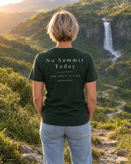 No Summit Today T-Shirt, getragen unterwegs, Rückendruck, KI-generiert