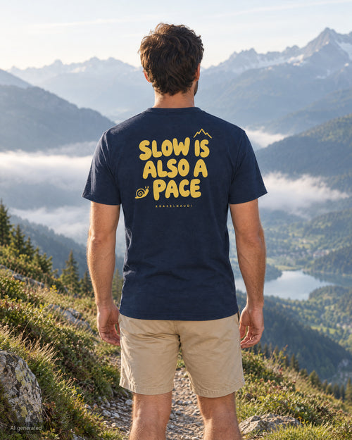 Slow Is Also a Pace T-Shirt, getragen unterwegs, Rückendruck, KI-generiert