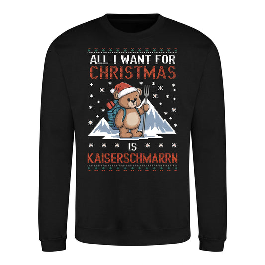All I Want Christmas Sweater in Deep Black – Vorderansicht mit dem Motiv All I Want Christmas Sweater.