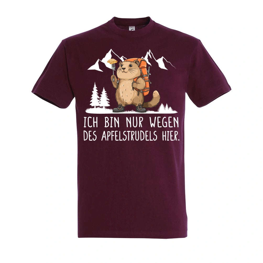 Apfelstrudel T-Shirt Unisex in Burgundy – Vorderansicht mit dem Motiv Apfelstrudel.