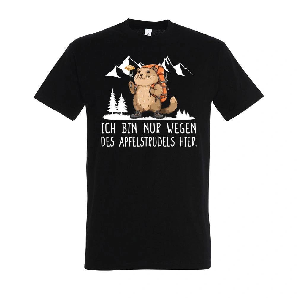 Apfelstrudel T-Shirt Unisex in Deep Black – Vorderansicht mit dem Motiv Apfelstrudel.