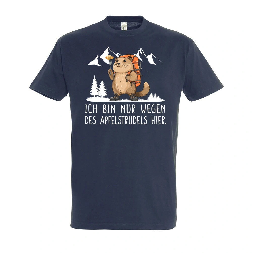 Apfelstrudel T-Shirt Unisex in Navy – Vorderansicht mit dem Motiv Apfelstrudel.