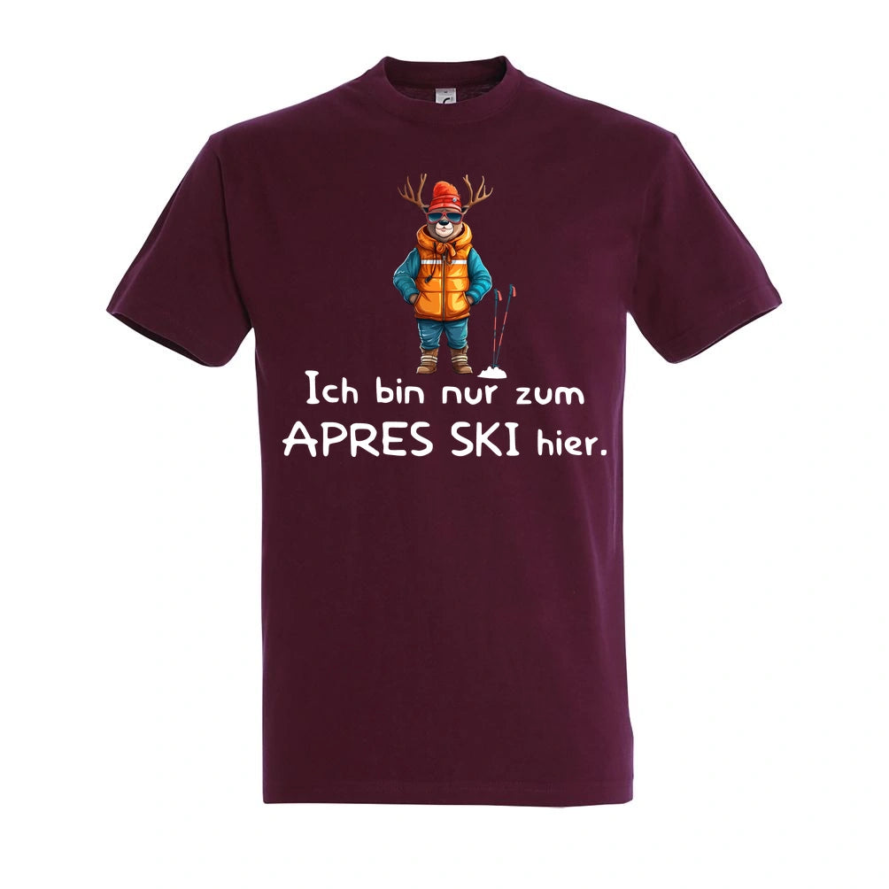 Apres Ski Fanatiker T-Shirt Unisex in Burgundy – Vorderansicht mit dem Motiv Après Ski Fanatiker.