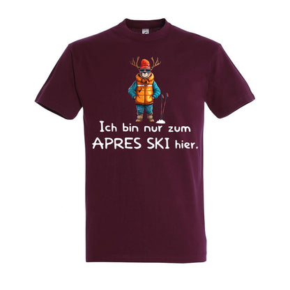 Apres Ski Fanatiker T-Shirt Unisex in Burgundy – Vorderansicht mit dem Motiv Après Ski Fanatiker.