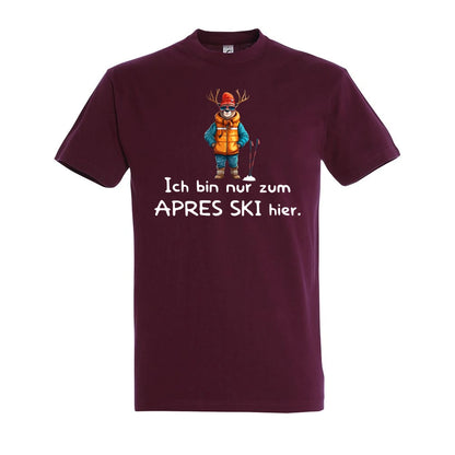 Apres Ski Fanatiker T-Shirt Unisex in Burgundy – Vorderansicht mit dem Motiv Après Ski Fanatiker.