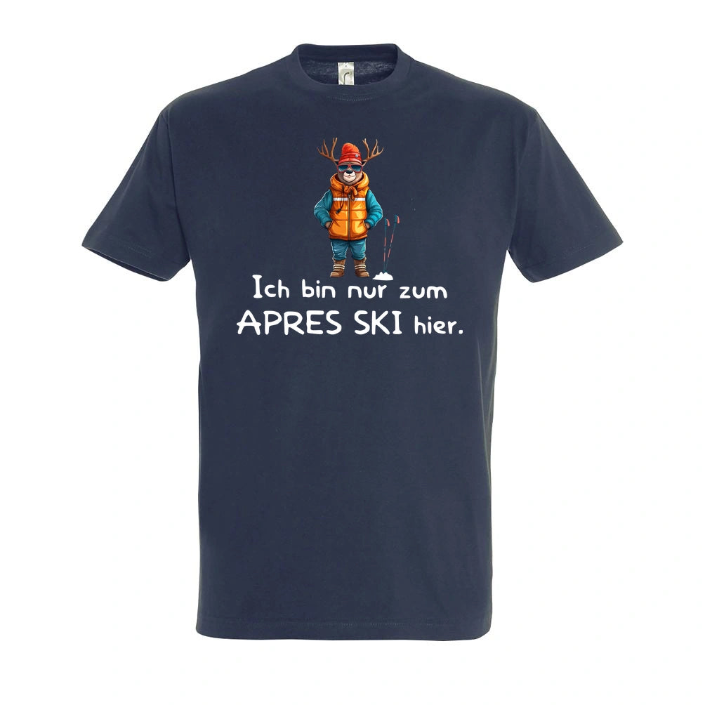 Apres Ski Fanatiker T-Shirt Unisex in Navy – Vorderansicht mit dem Motiv Après Ski Fanatiker.