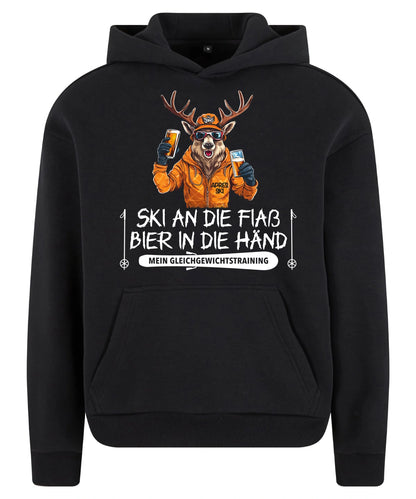 Apres Ski Gleichgewicht Hoodie in Black – Vorderansicht mit dem Motiv Apres Ski Gleichgewicht.