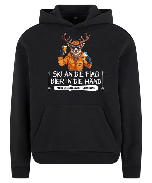 Apres Ski Gleichgewicht Hoodie in Black – Vorderansicht mit dem Motiv Apres Ski Gleichgewicht.
