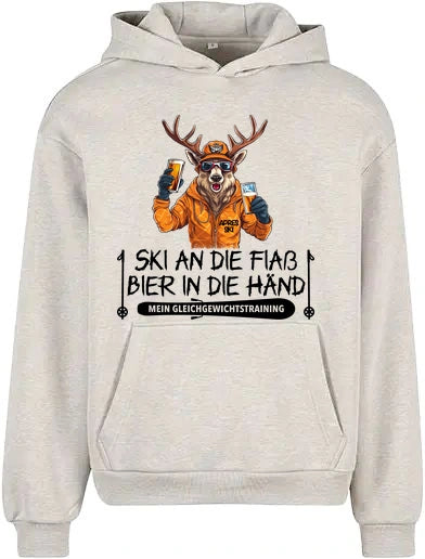 Apres Ski Gleichgewicht Hoodie in Light Grey – Vorderansicht mit dem Motiv Apres Ski Gleichgewicht.