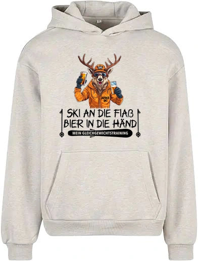 Apres Ski Gleichgewicht Hoodie in Light Grey – Vorderansicht mit dem Motiv Apres Ski Gleichgewicht.