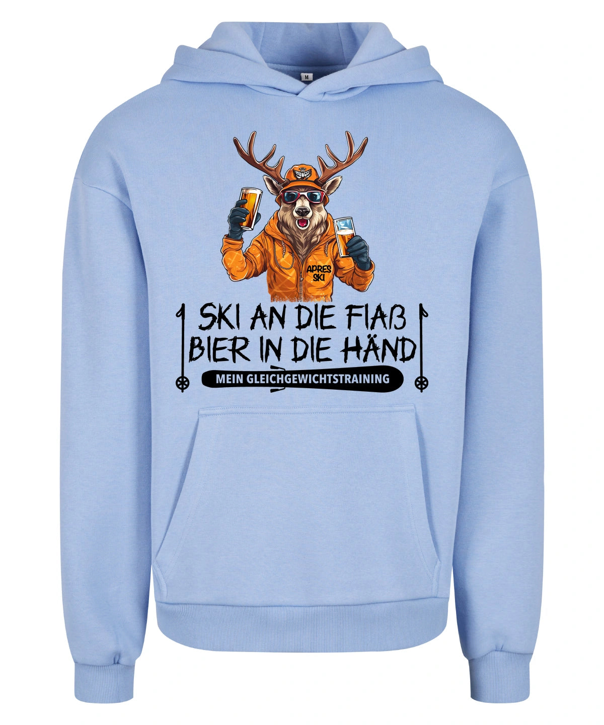 Apres Ski Gleichgewicht Hoodie in Powder Blue – Vorderansicht mit dem Motiv Apres Ski Gleichgewicht.